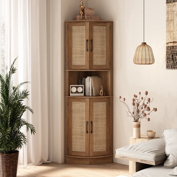 PieDle Farmhouse 64.7" Tall Corner Cabinet w/4 Rattan Doors, Boho 5 Tier Bookcase Storage Cabinet, Corner Storage Cabinet for Bathroom, Living Room, Kitchen