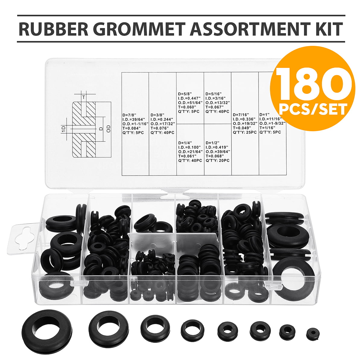 180 PCS Black Rubber Grommet Firewall Hole Plug Set Car Electrical Wire Gasket Ring Grommets Assorted Kit with Box OFNMY Rubber Grommet Assortment Kit 8 Sizes