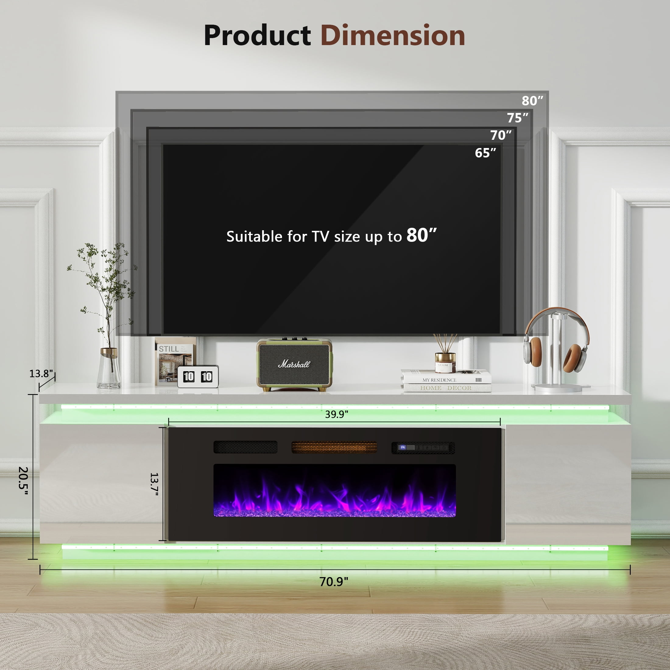 Anrist Electric Fireplace TV Stand for TVs up to 80" with LED Lights & 4 AC Power Outlets, TV console for Living Room, White, Ship in 2 Boxs