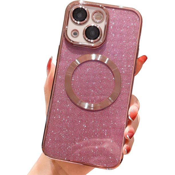 Funda magnética con purpurina para iPhone 13 de 6.1", compatible con Magsafe. Preciosa funda transparente con acabado brillante, protector de lente de cámara completo, antiarañazos y a prueba de