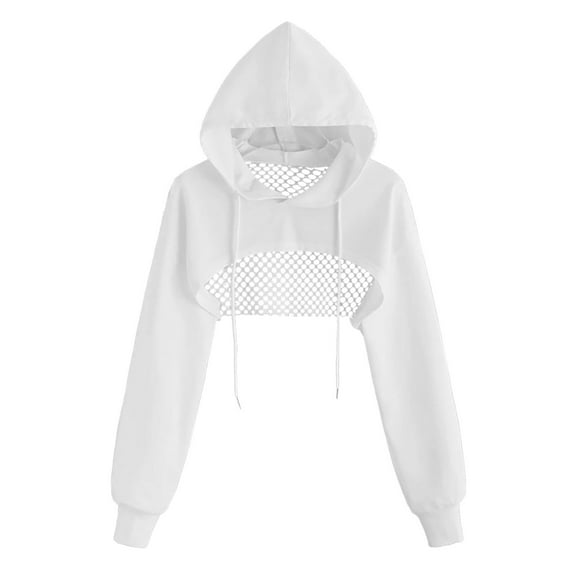 "Women's Hooded Mesh Hollow Out T Shirt Slim Fit Long Sleeve Cropped Top For High Waist Casual Style"