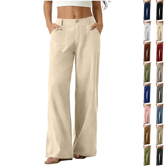 Xaqiouau Womens Wide Leg Cotton Linen Dress Pants Button High Waisted Business 2026 Casual Business Trousers with Pockets for Work Travel Vacation Summer