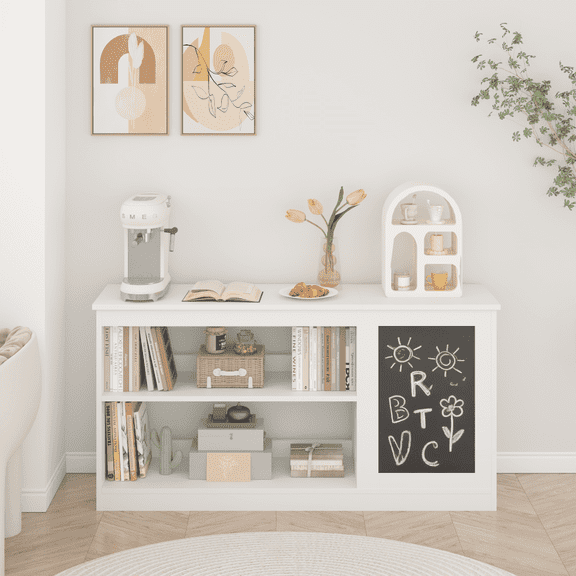 3-in-1 Kids Bookshelf and Toy Storage Cabinet with Chalkboard – Modern White Organizer for Playroom