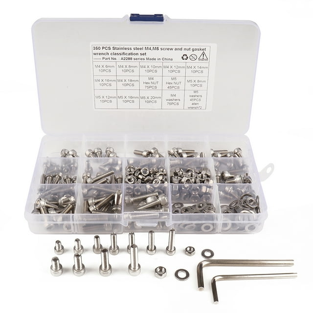 pitrice 350 Pcs/Ensemble M4 M5 Écrou de Vis Hexagonale Acier Inoxydable Tête Plate Kit d'Assortiment de Clés à Molette