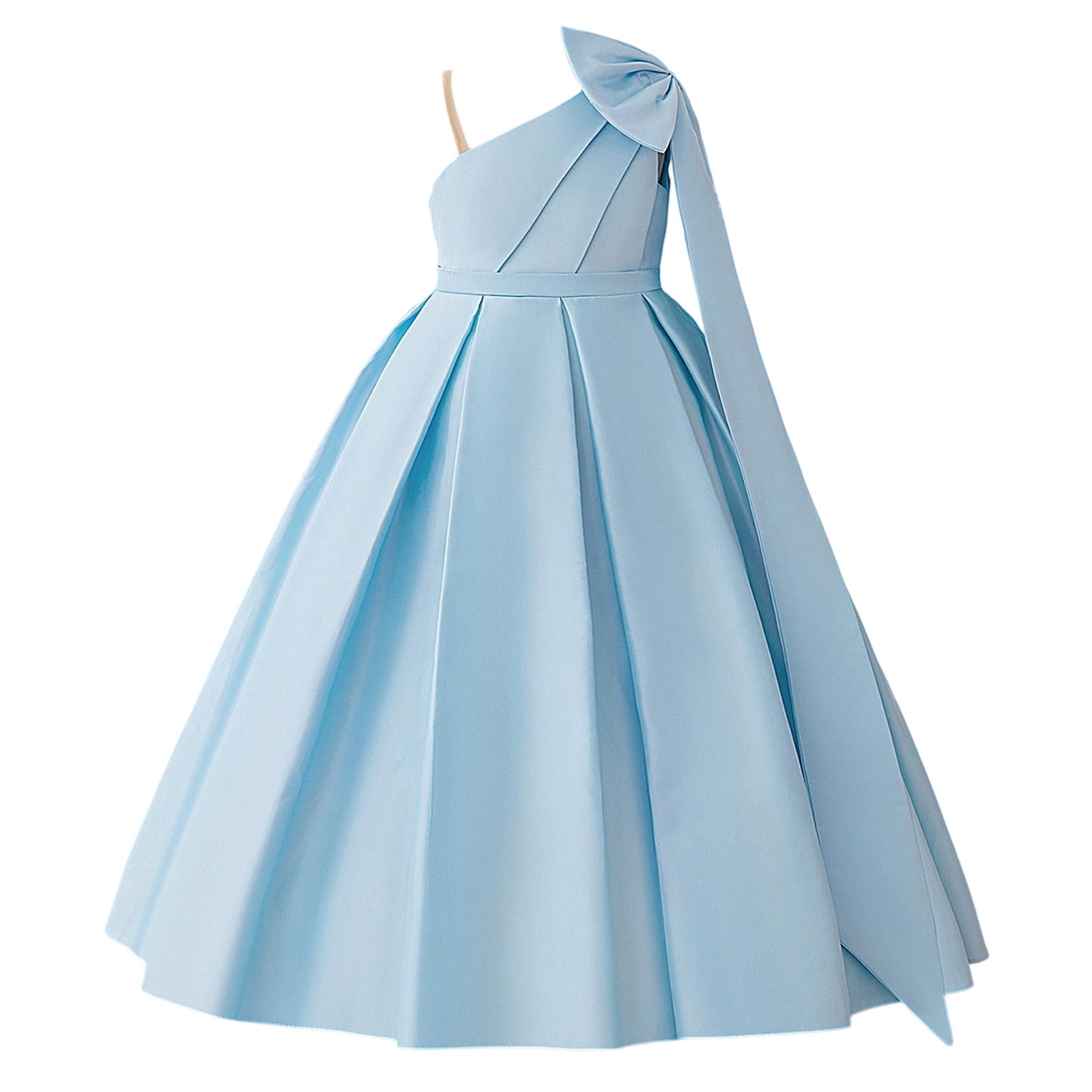Wdgfv Girls Satin Formal Dress Bow Shoulder Straps Pageant Party Gown Elegant Evening Toddler Dresses for Sky Blue 9 Years