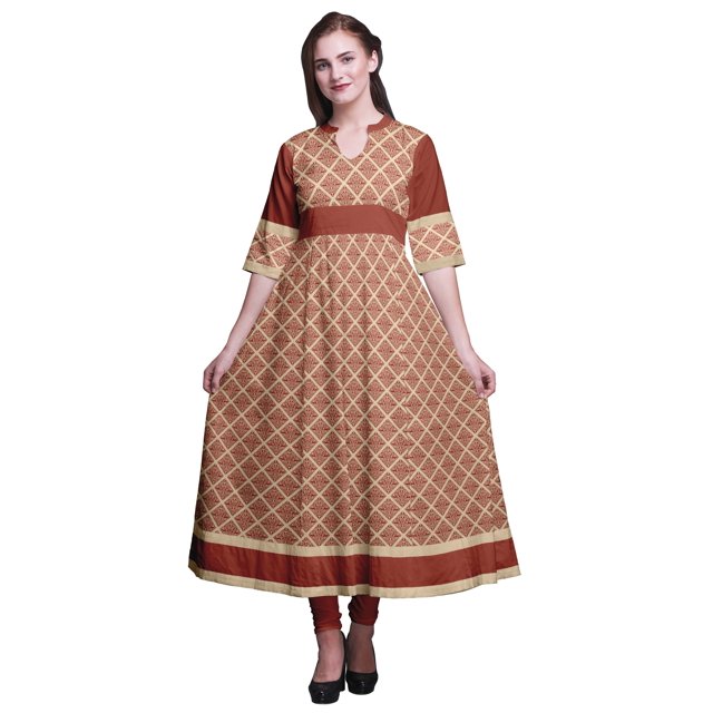 Bimba Blouse Maxi Évasée AnarkaliKurtiKurta pour Femmes à Imprimé Géométrique Feuilles/fleuri & Carreaux Rouges XXX-Large
