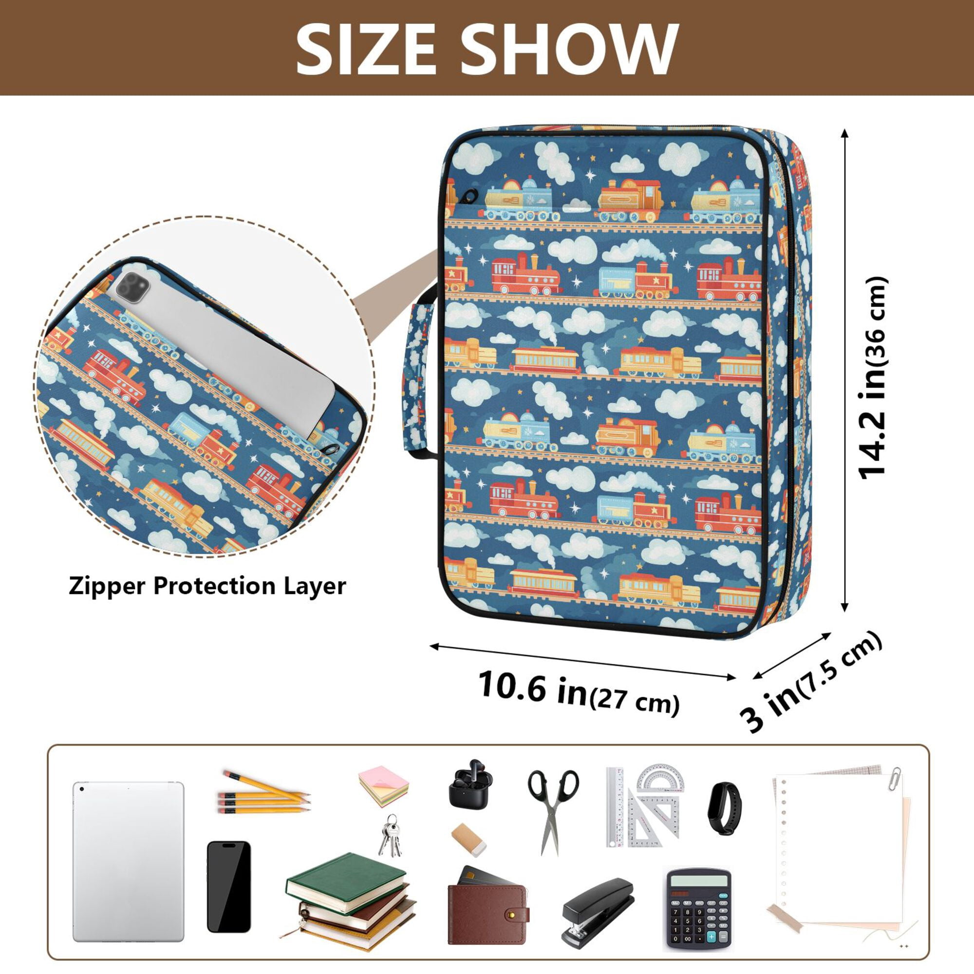 FORMRS Accordion File Folder A4 Size 7-Pocket Expanding Document Organizer Bag with 3 Ring Binder, Blue Cute Train Pattern