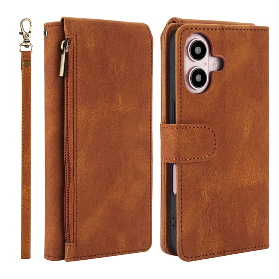for iPhone 17 Wallet Case with Card Holder, 2 in 1 PU Leather Flip Folio with RFID Blocking Stand with Wrist Strap Shockproof Phone Cover, Red/Pink/Black