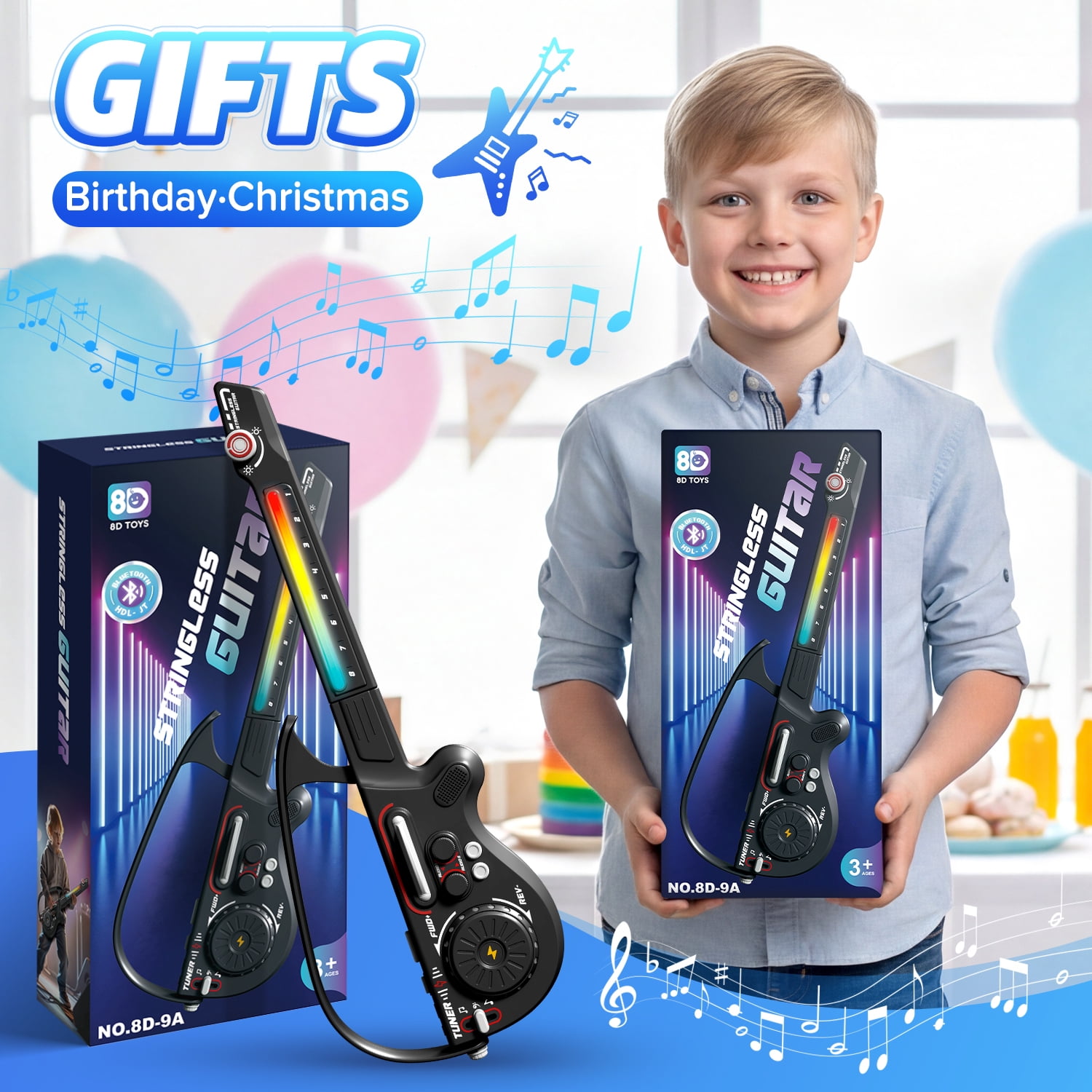 Freecat  Kids Toy Guitar for Toddlers Ages 3 4 5 6 Years, Cool Black Toy Guitar Set with DJ and Bluetooth and Multiple Musical Effects, Christmas and Birthday Gift for Boys Girls.