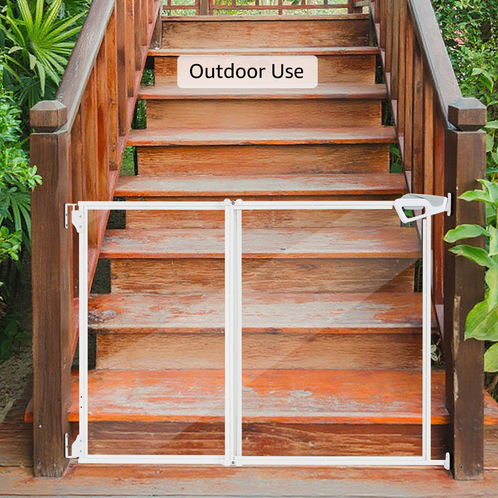 unipaws Clear Dog Gate, No Bottom Bar Pet Safety Gate for Doorways Hallways Stairs, Walk Thru Design with One-Hand Dual Swing Door, Indoor and Outdoor Use, Adjustable 28" to 43.5" Wide, 30" Tall