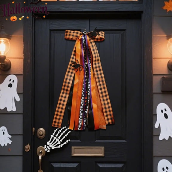 24 Inch Halloween Plaid Wreath Bow With Spider Accents, Orange Black Check Ribbon Streamer Door Hanging Bow,Halloween Decor, Farmhouse Front Door Porch Wall Garland Indoor Outdoor Holiday Party Decor
