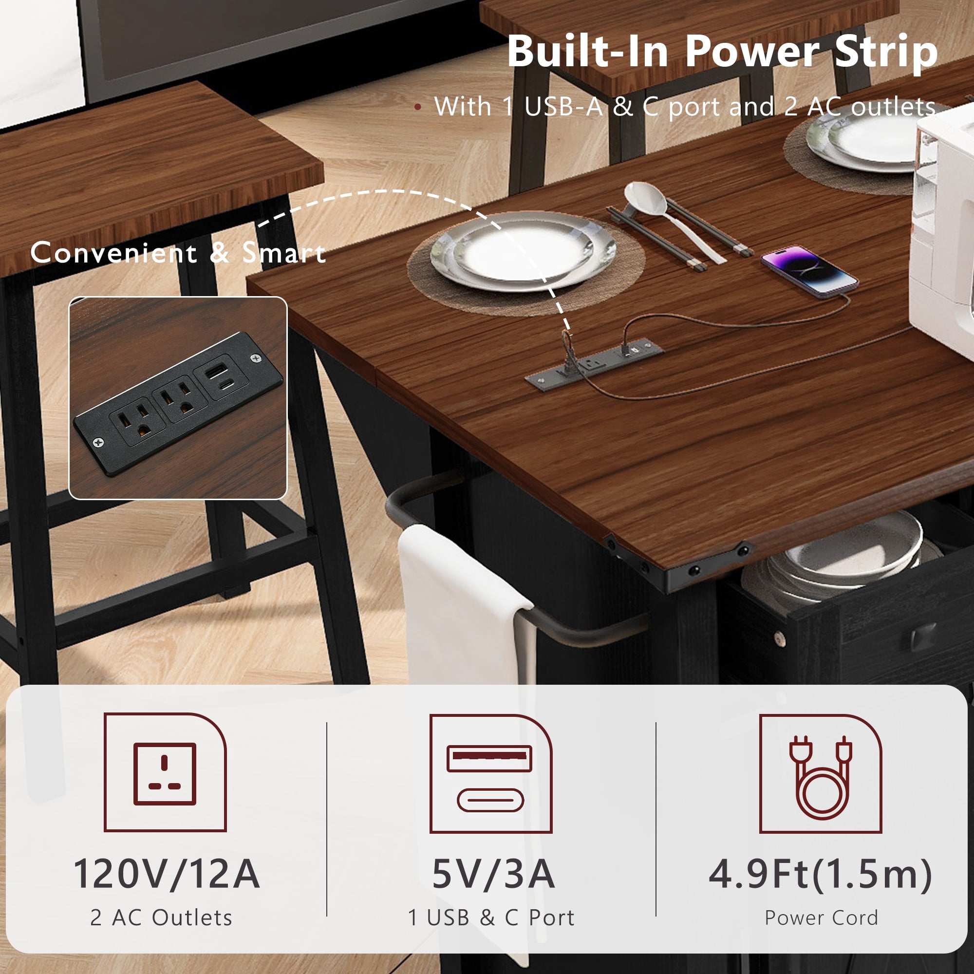 Mintazer 58" Farmhouse Kitchen Island Cart with Single Drop Leaf & Power Outlet, Rolling Kitchen Island Table with Sliding Barn Doors, 3 Drawers & Side Spice Towel Racks, Black
