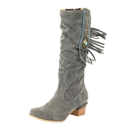

WANYNG Ladies Fashion Suede Tassel Rhinestone Boots Pointed Toe High Heel Boots plus Size Riding Boot Women Long Boots with Low Heel