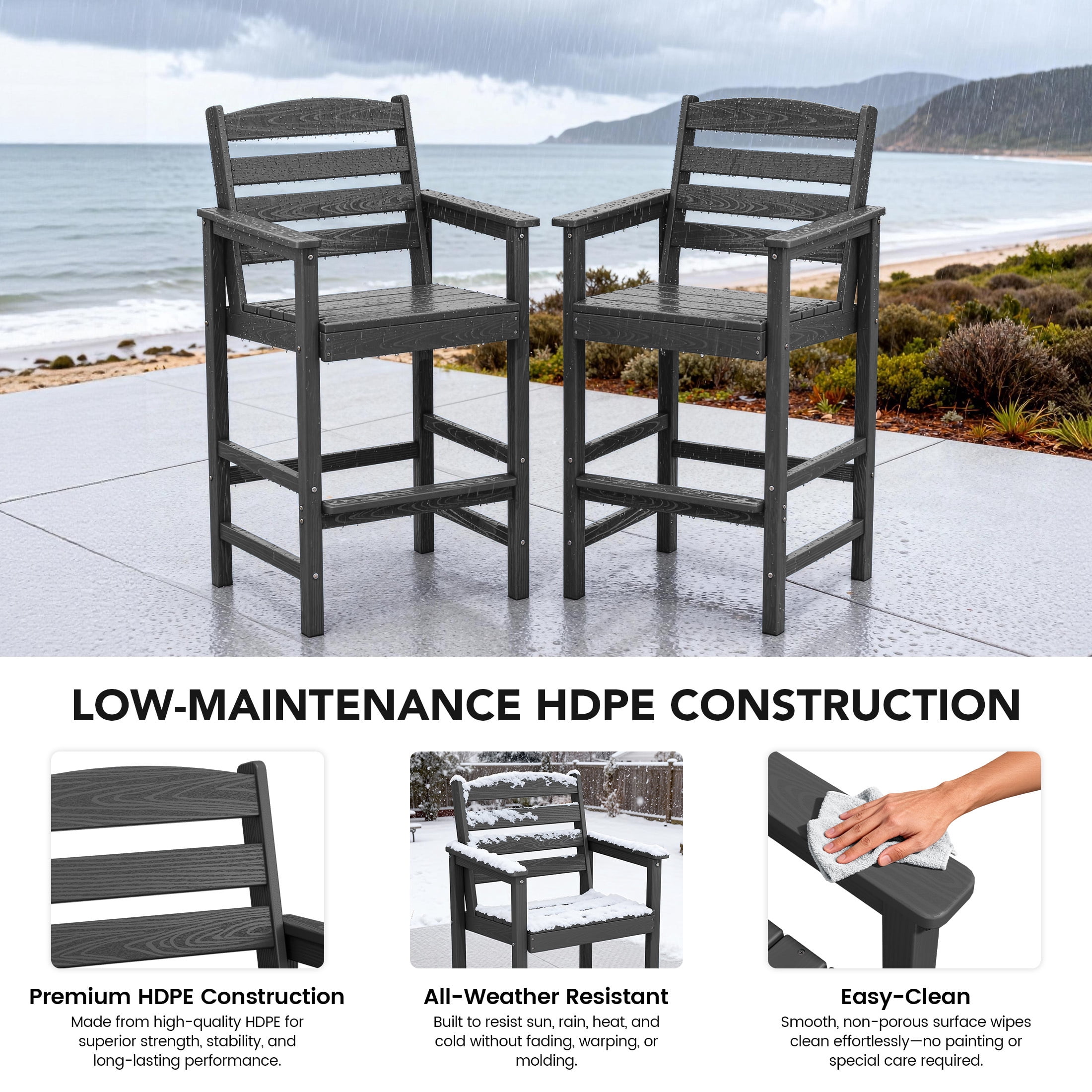 RIAFUN HDPE Outdoor Bar Stools Set of 2, Oversized Wide Seat Tall Patio Adirondack Chairs, Weather Resistant for Patio, Poolside, Garden, Gray