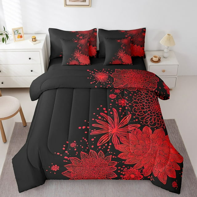YST Ensemble de Douillette Aztec Dahlia, 7 Pcs, Thème Fleur de Lotus, Format Double, Réversible Floral Rouge et Noir
