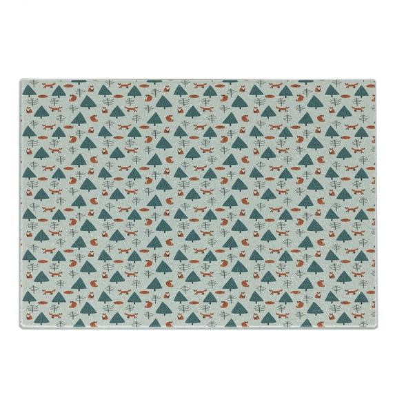 Fox Cutting Board, Orange Foxes in a Snowy Winter Forest Animals of Cold Climates Cartoon, Decorative Tempered Glass Cutting and Serving Board, Small Size, Teal Orange Black, by Ambesonne