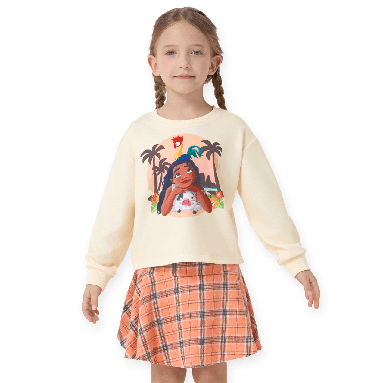Disney Princess Girls Dresses Sets Moana Graphic Long Sleeve Crop Sweatshirt and Plaid Skirt School Outfits Kids 5-6Y