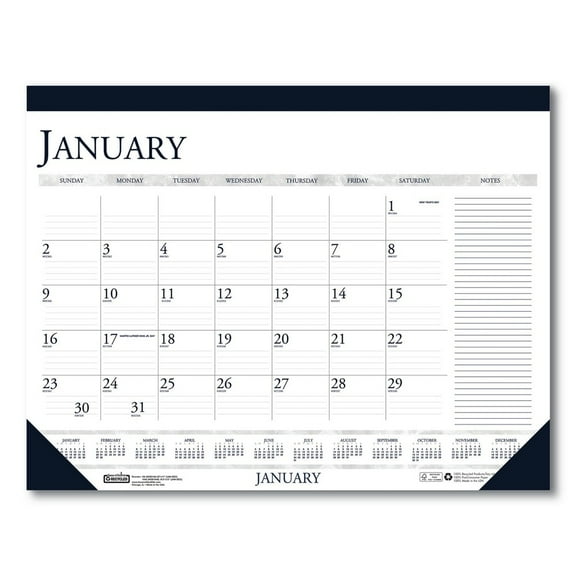 House of Doolittle 164 22 in. x 17 in. 12-Month (Jan-Dec) 2026 Recycled Two-Color Monthly Desk Pad Calendar with Notes Section - White/Blue