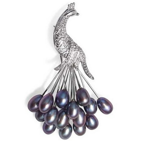 Cultured Pearl Pearl Brooch - Clustered Black Freshwater Cultured Pearl Peacock Brooch Rhodium Plated