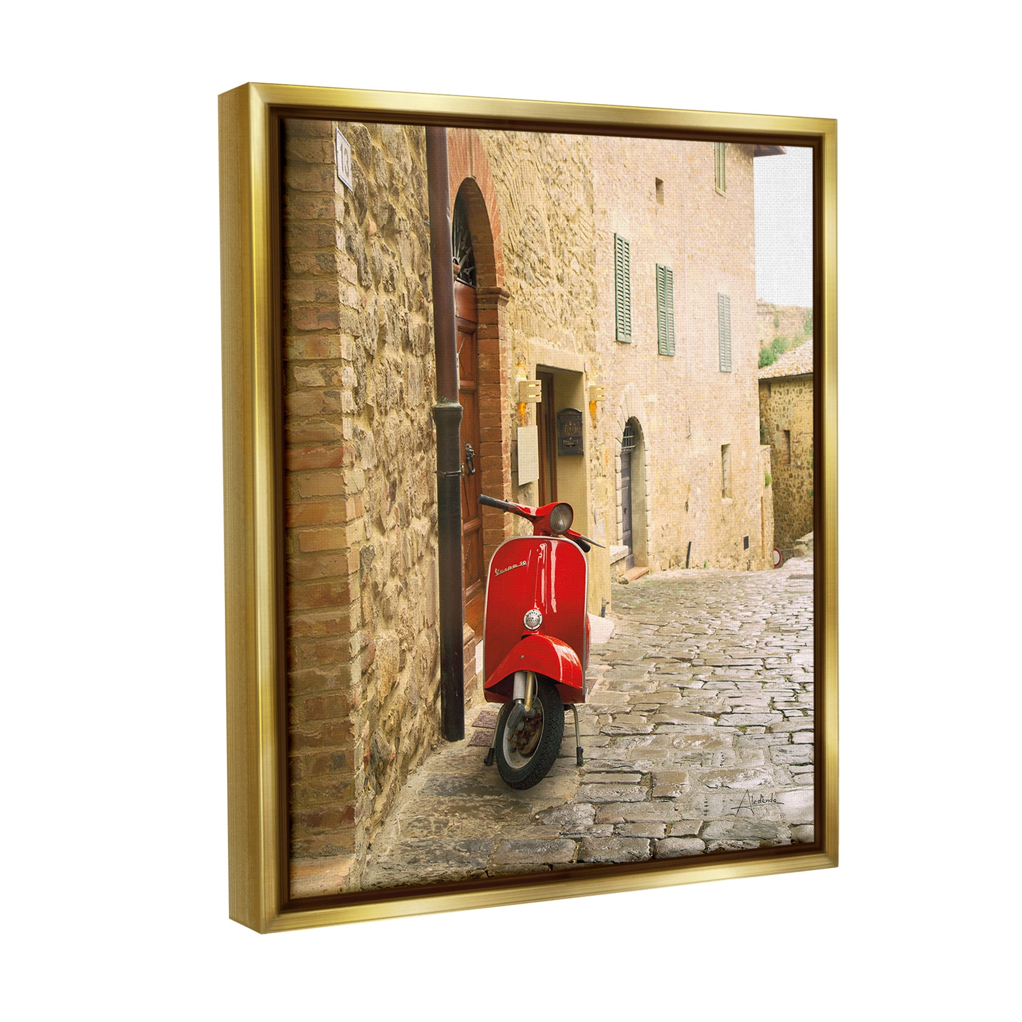 Stupell Industries Red Moped in City Transportation Photography Gold Floater Framed Canvas Art Print Wall Art, 17 x 21