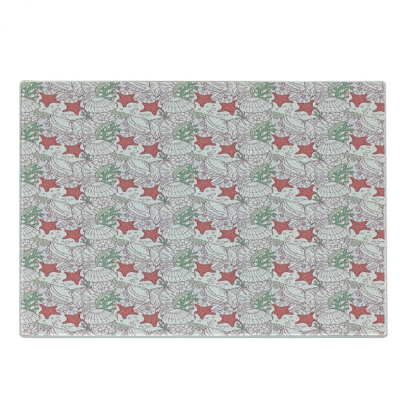 Starfish Cutting Board, Doodle Style Seashells and Seaweeds Underwater Fauna and Flora, Decorative Tempered Glass Cutting and Serving Board, Small Size, Dark Coral Pale Pink, by Ambesonne