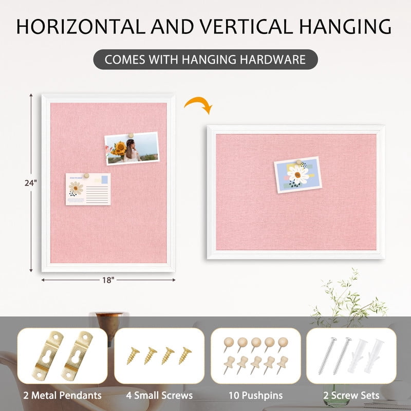 Pink Bulletin Board Pink Cork Board with Linen, Wood Framed 18"x 24" Corkboard Bulletin Board for Wall Decor, Wall Mounted Pin Board Picture Board, White Wood Frame