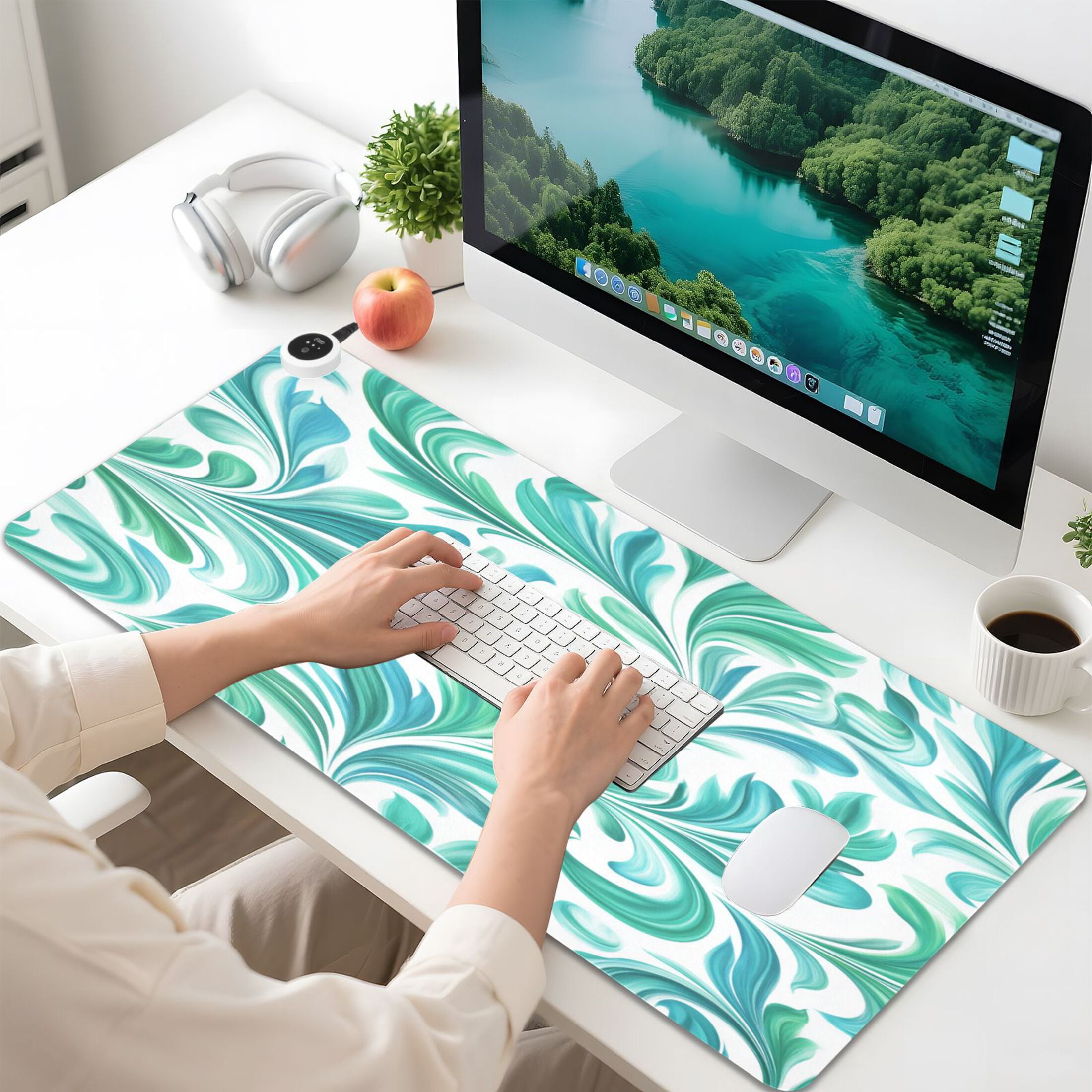 Large Heated Desk Mat Mouse Pad 31.5"x13"PU Leather Graphene Heating Desk Warmer with 3 Temperature Settings 110V US Plug Non-Slip Warm Pad for Home, Office, and Gaming Teal Swirl Damask Pattern