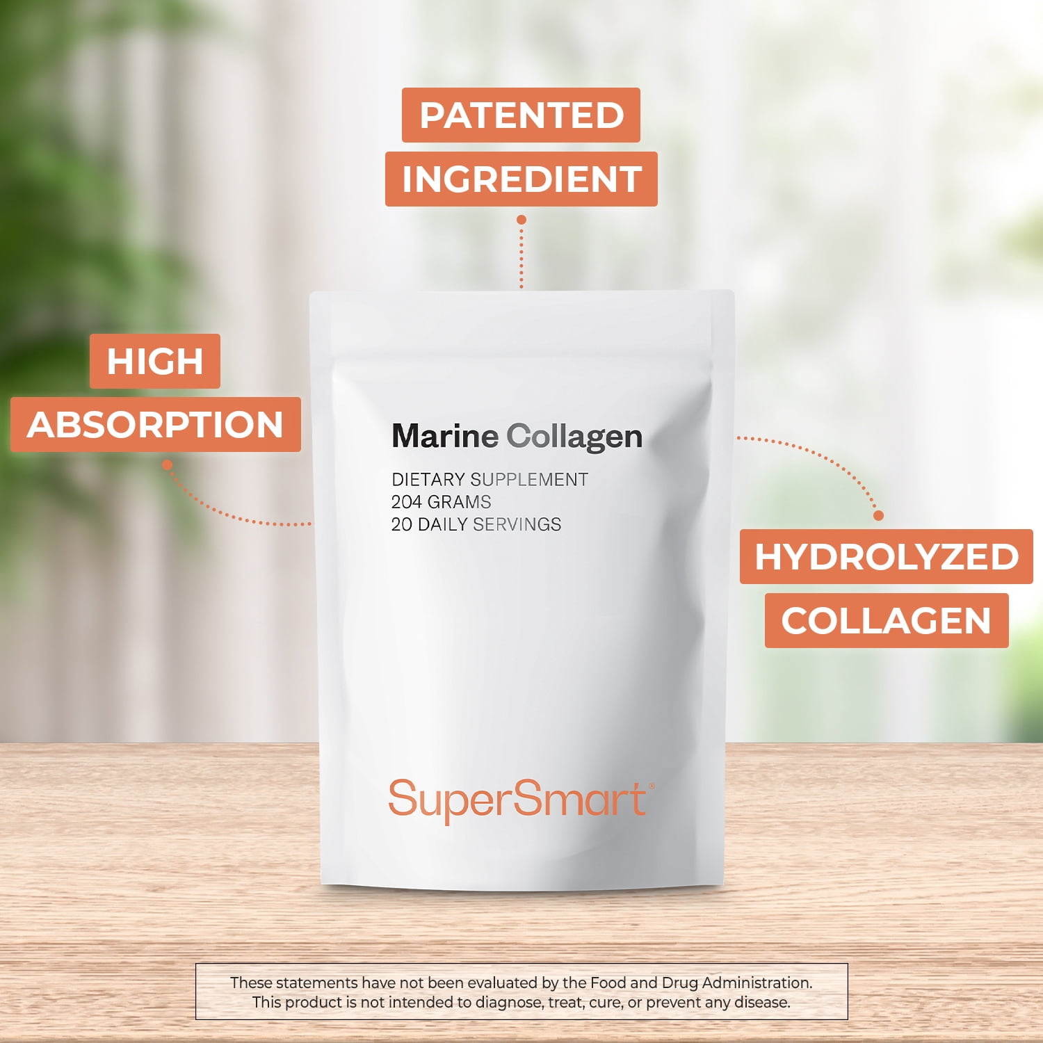 SuperSmart - Marine Collagen Powder - Natural Supplement - Patented & Hydrolized | Non-GMO & Gluten Free - 100mg
