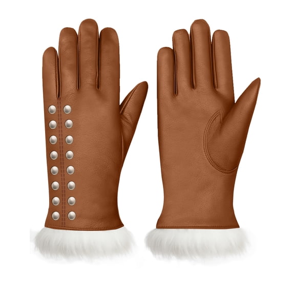 Sheepskin Leather Gloves for Women Winter Warm Touchscreen Driving Gloves Magente Cognac (XS)