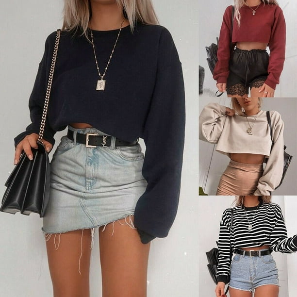Women's Long Sleeve Crop Top T-Shirts Casual Loose Pullover Tops Spring  Clothes