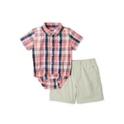 Wrangler Baby Boy Short Sleeve Woven Bodysuit with Woven Pants, 2-Piece Set, Sizes 0/3M-24M