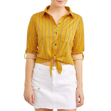 Tab Front Shirt - Juniors' Woven Roll Tab Printed Tie Front Blouse