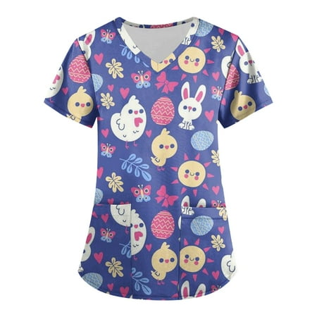 

XHJUN Easter Printed Scrub Tops for Women Cute Cartoon Eggs Bunny Pattern V-Neck T-Shirts Summer Tee Scrubs Shirts with Pockets Purple S