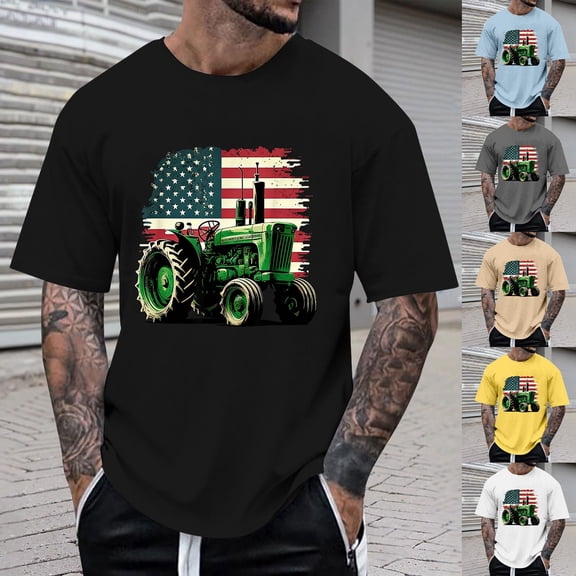 Mens 250 Anniversary USA Shirt Farm Tractor Graphic Tee Casual Short Sleeve Shirt Patriotic Tops L