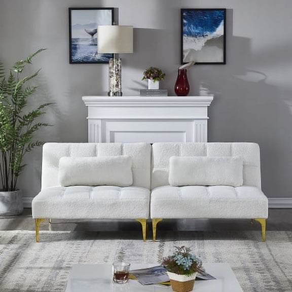 Convertible Sofa Bed Futon with Gold Metal Legs, White Teddy Fabric Sleeper Sofa, 2-Piece Foldable Couch for Small Apartment Studio Living Room