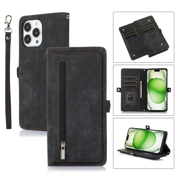 Allytechgroup Wallet Case for iPhone 16 Pro, [9 Card Slots] [Zipper Pocket] Luxury PU Leather Kickstand Magnetic Clasp Cover with Shoulder Strap & Hand Strap, Shockproof Anti-Fall Case, Black