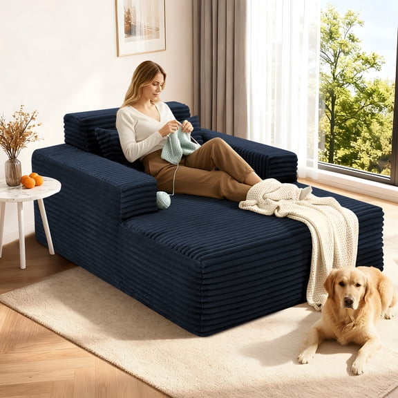 Chaise Lounge Chair Indoor, Black Plush Corduroy Cloud Couch, Fluffy Oversized Sofa Bed for Bedroom Living Room, Comfy Boneless Reading Longue Chair Sleeper Sofa No Assembly, Navy Blue