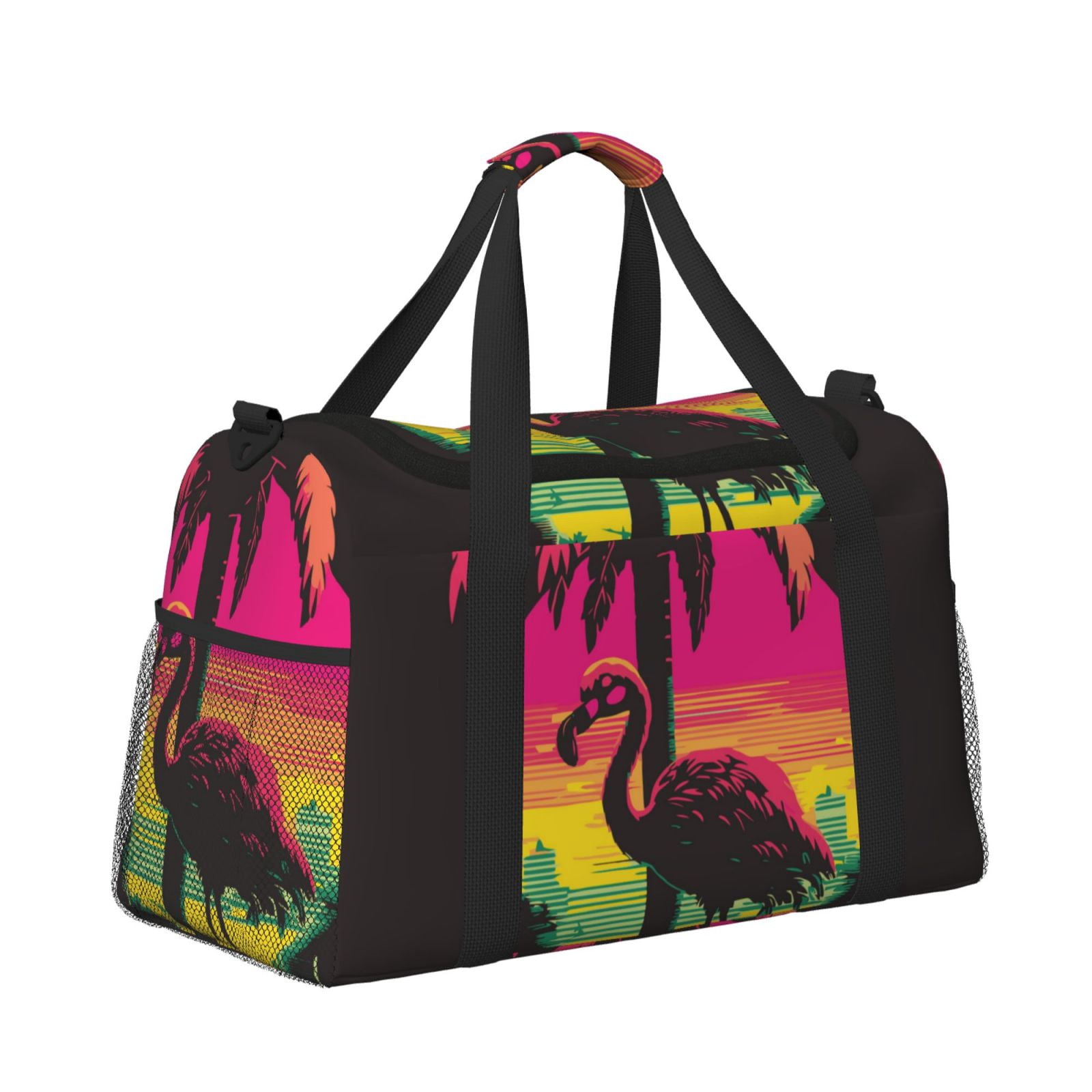 Fuzoiu Flamingo And Palm Trees At Sunset Print Travel Duffle Bag,Carry On Tote Bags,Duffel Bag,Sport Gym Bag, Hospital Bag for Labor and Delivery, Overnight Bag,Luggage Bag