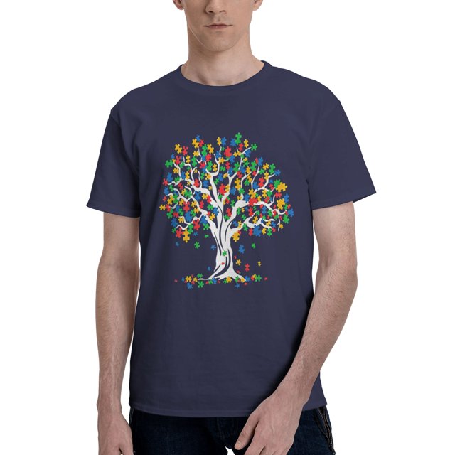 Tree of Life Autism Awareness Month Funny ASD Supporter Men's Basic Short Sleeve T-Shirt Navy Blue Small