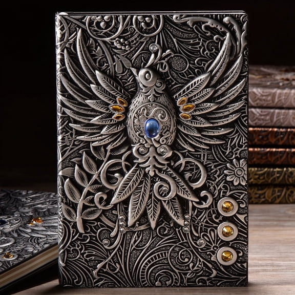 Faty-T Vintage 3D Phoenix Embossed Leather Writing Journal,A5,200Pages Antique Handmade Daily Notepad Sketchbook,Travel Diary&Notebook for Women Men