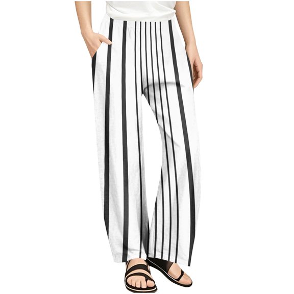 SGFCWSX Girls Casual Pants Straight Leg High Elastic Waist Trousers with Pockets for Kids Striped Trendy Pant Black Size 9 Years