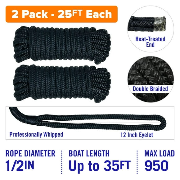 Boat Dock Lines & Rope Boat Ropes for Docking 1/2" Line Braided Mooring Marine Rope 25FT 1/2 Inch Nylon Rope Boat Dock Lines for Docking Boat Lines Boating Rope Braided with Loop Navy Blue 4 Pk