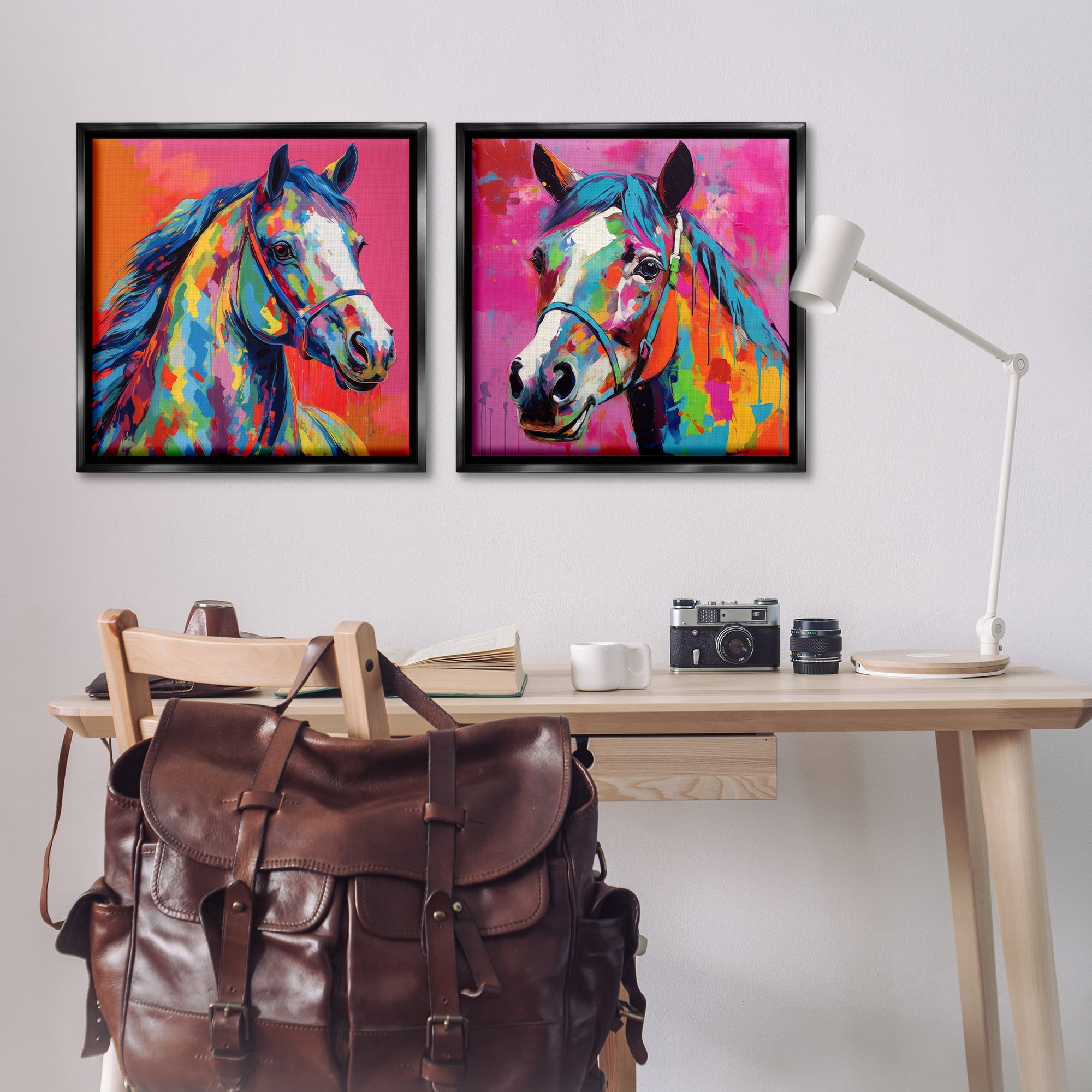 Stupell Industries Bright Neon Horse Portrait Animals Painting Black Floater Framed Canvas Art Print Wall Art, 25 x 25, Set of 2