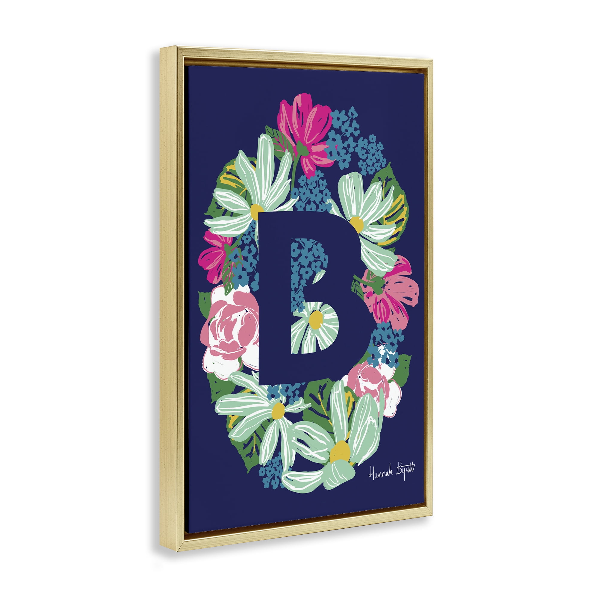 Stupell Industries Floral Bloom Letter B Botanical & Floral Painting Gold Floater Framed Art Print Wall Art, 17 x 25