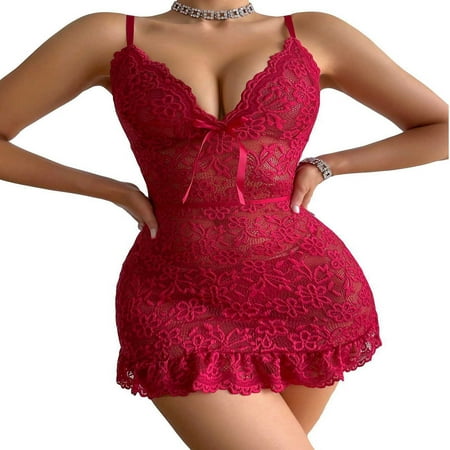 Tao Tao Valentine s Day Women Babydoll Underwear Lace Chemise Fashion Nightgown Ruffle Hem Sleep Dress Burgundy M