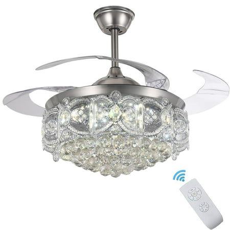 

FINE MAKER 42 Crystal Fan with Light Remote Control Retractable Blades Fandelier 3 Speed Wind 3 Color LED Chandelier Fan for Living Room Bedroom Indoor Chrome Silver 110V