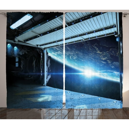 Outer Space Decor Curtains 2 Panels Set, Interstellar Airlock Shuttle Runway Gate Journey to Stars Invasion View, Window Drapes for Living Room Bedroom, 108W X 90L Inches, Blue Gray, by (Best App To View Stars)