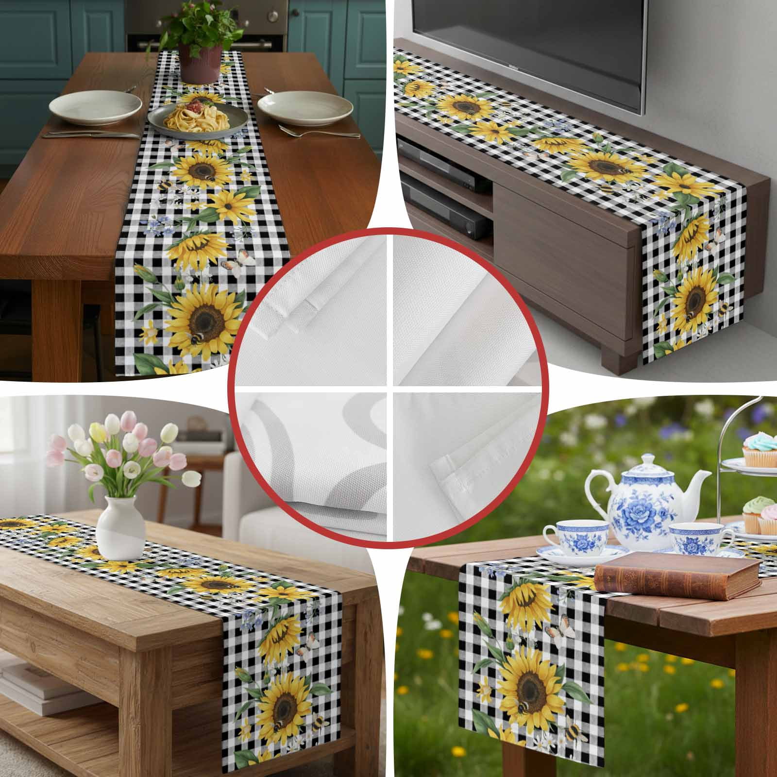 Yellow Sunflower Green Leaf Black Buffalo Plaid Table Runner 90 Inches Long, Farm Watercolor Plant Table Runners Tabletop Scarf Kitchen Dining Tables Decoration for Home Party Indoor Outdoor