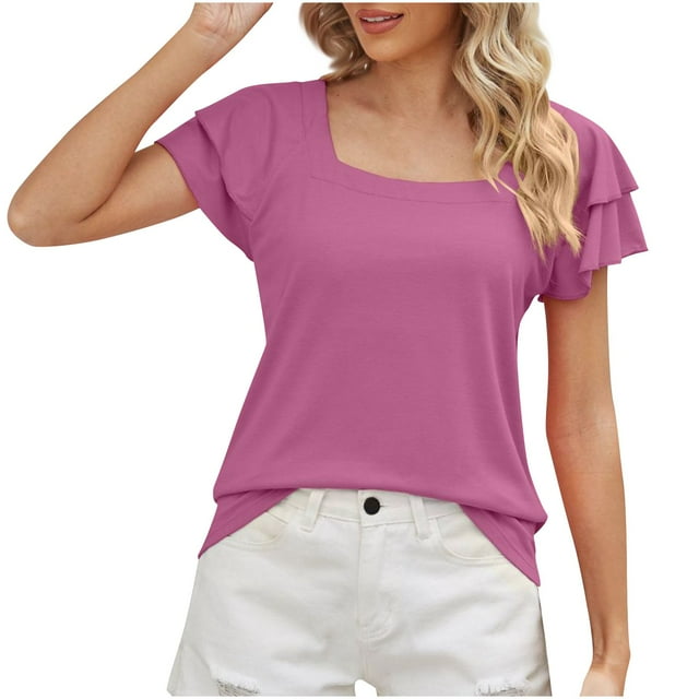 Plebaso Hauts d'Été pour Femmes Col Carré Manches Courtes à Volants T-Shirts Blouses Décontractées Amples pour Femmes