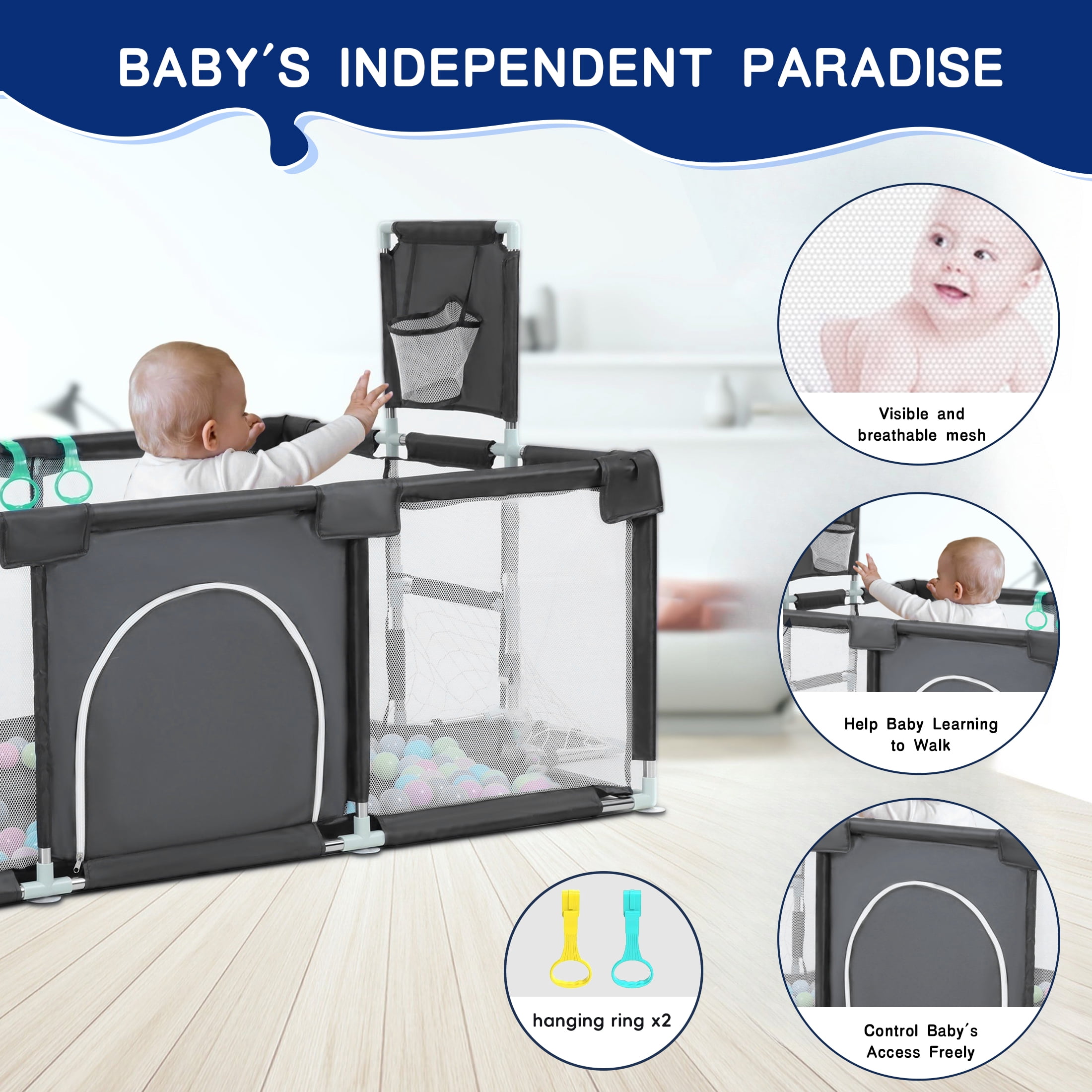 HioHa Baby Playpen, Baby Playard with Basketball Hoop, Portable Play Yard Baby Fences for Infant Toddler